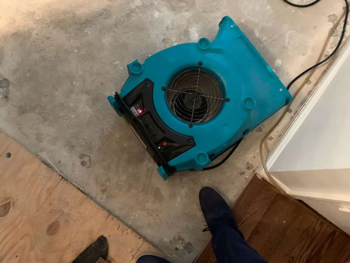 Air mover drying subfloor during Commercial Water Damage Restoration in Clark
